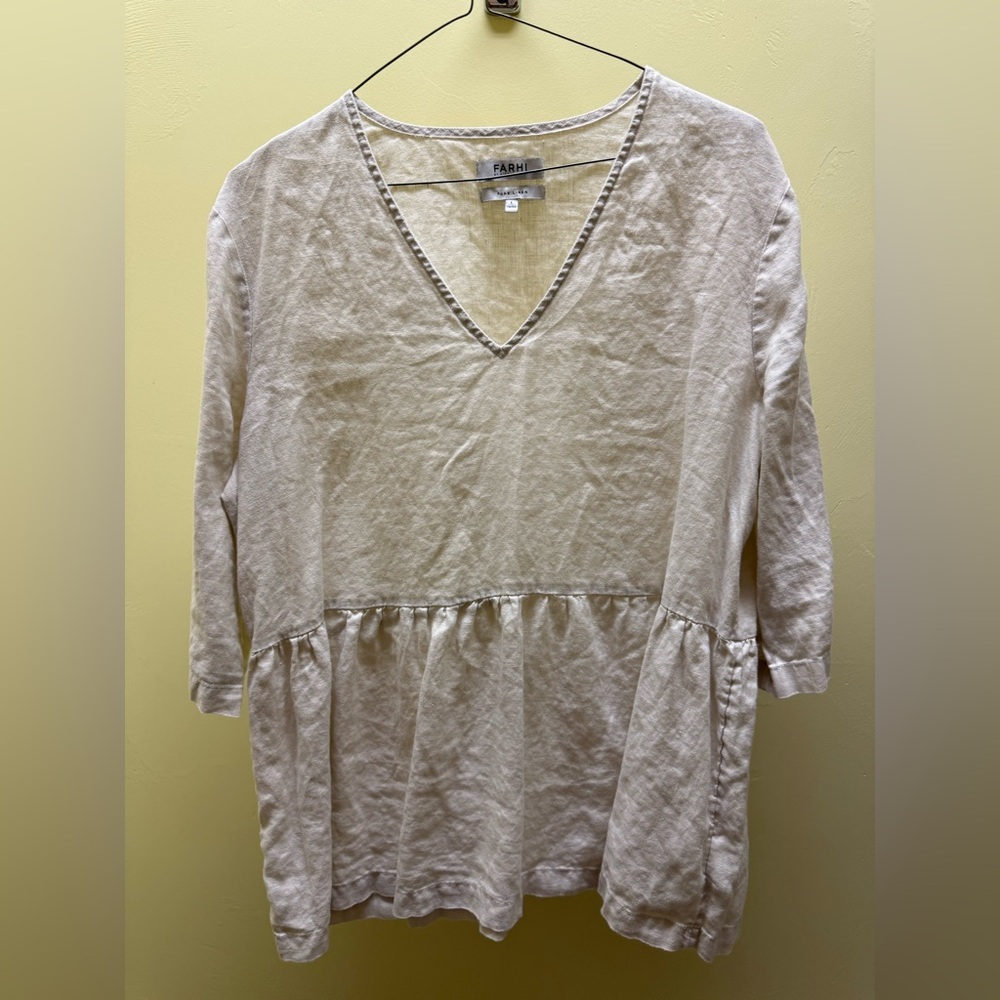 Farhi 100% Linen V-Neck Peplum Top / Tunic with 3/4 Sleeves Size L